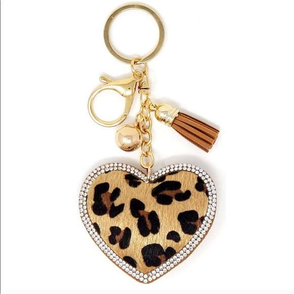 Leopard Puffy Heart Tassel Keychain Purse Backpack Charm - Picture 1 of 1
